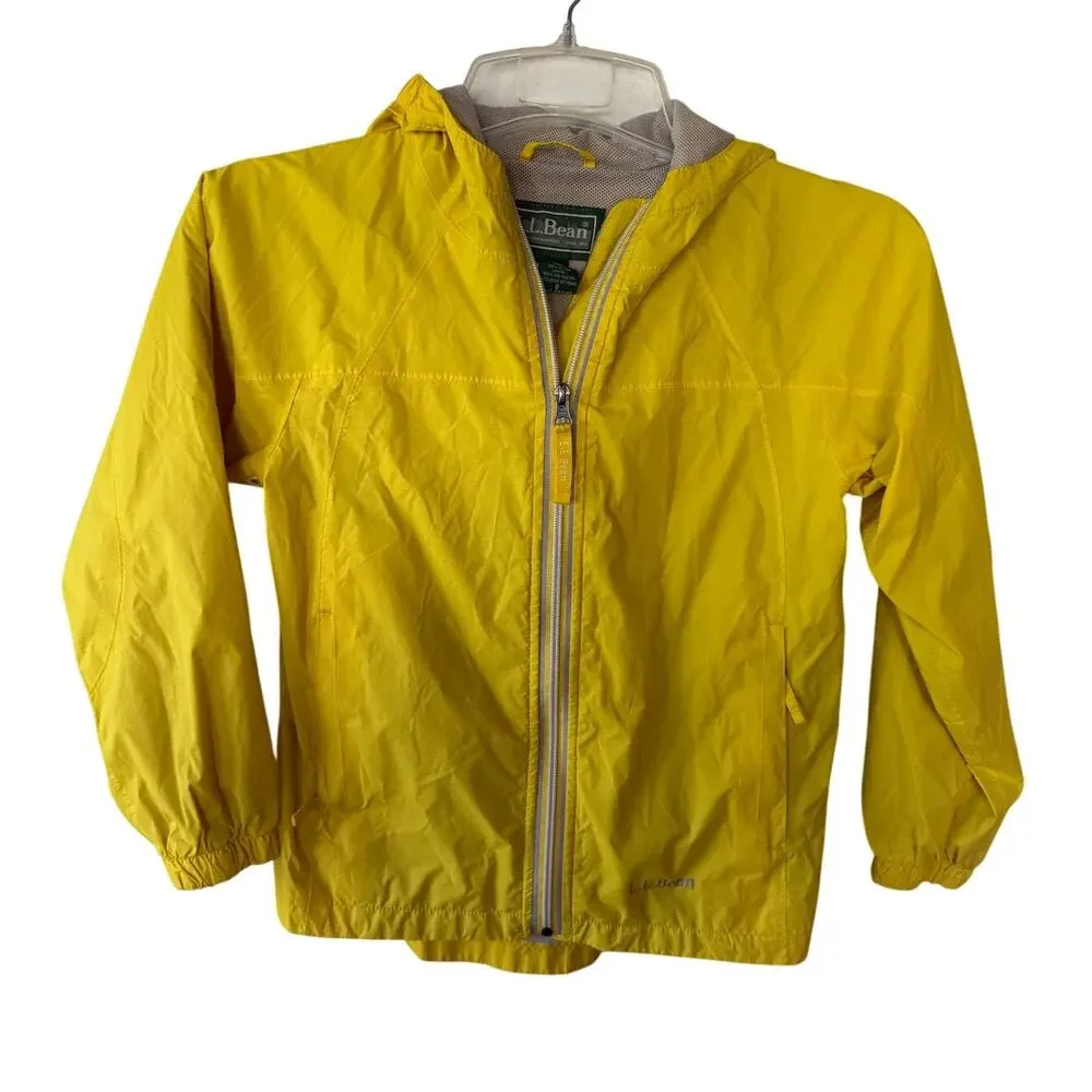 L.L.Bean Kids Yellow Hooded Rain Jacket Windbreaker Size 8 Nylon Reflective